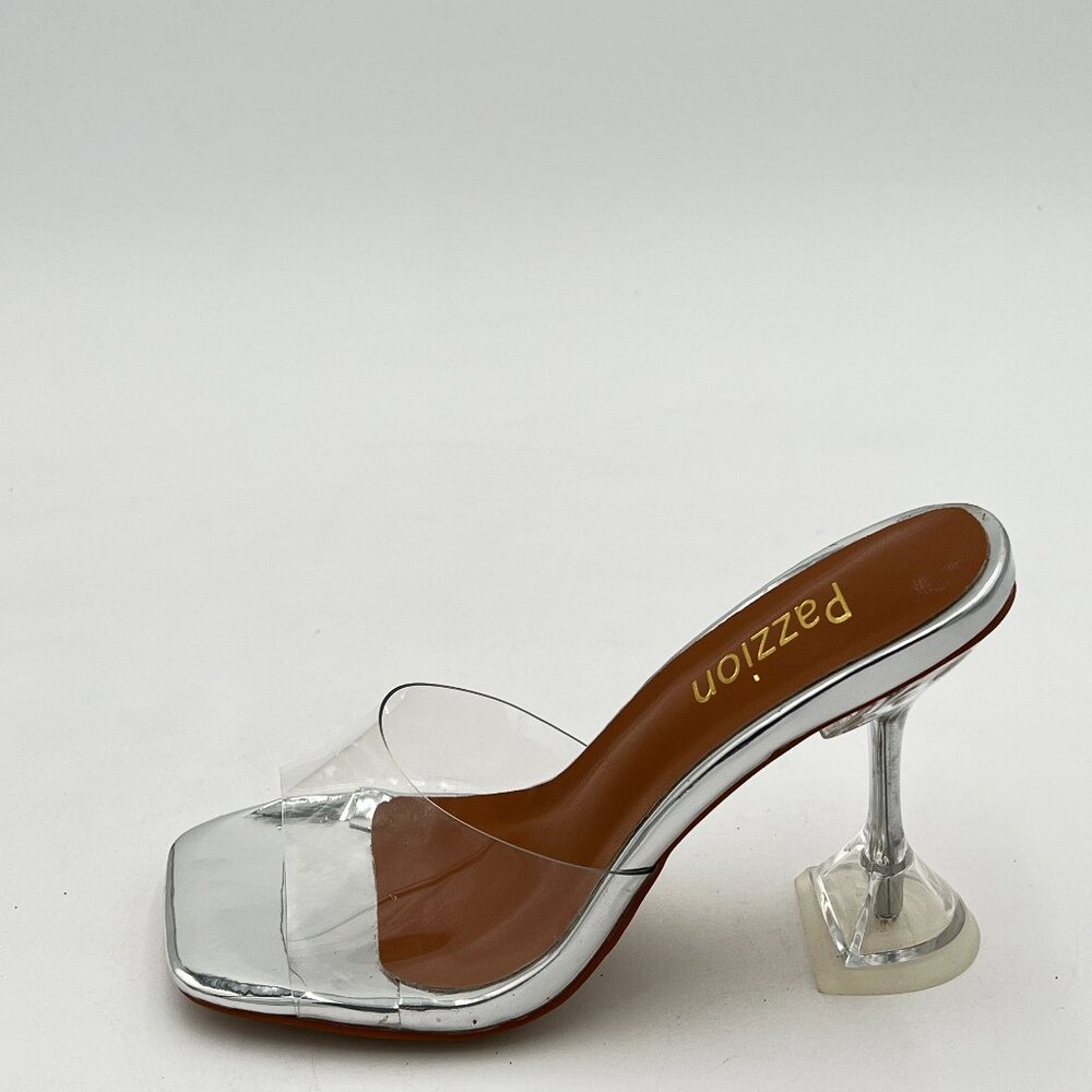 Pazzion Silver Open Square Toe Transparent Mules High Heel Slip On Sides Sandals
